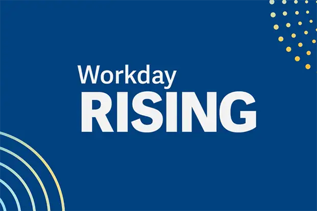 A blue background with the words workday rising